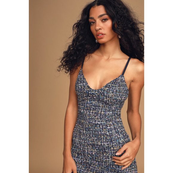 NWT Women Size Large Lulus Need for Tweed Blue Multi Tweed Sleeveless Mini Dress - Picture 3 of 5